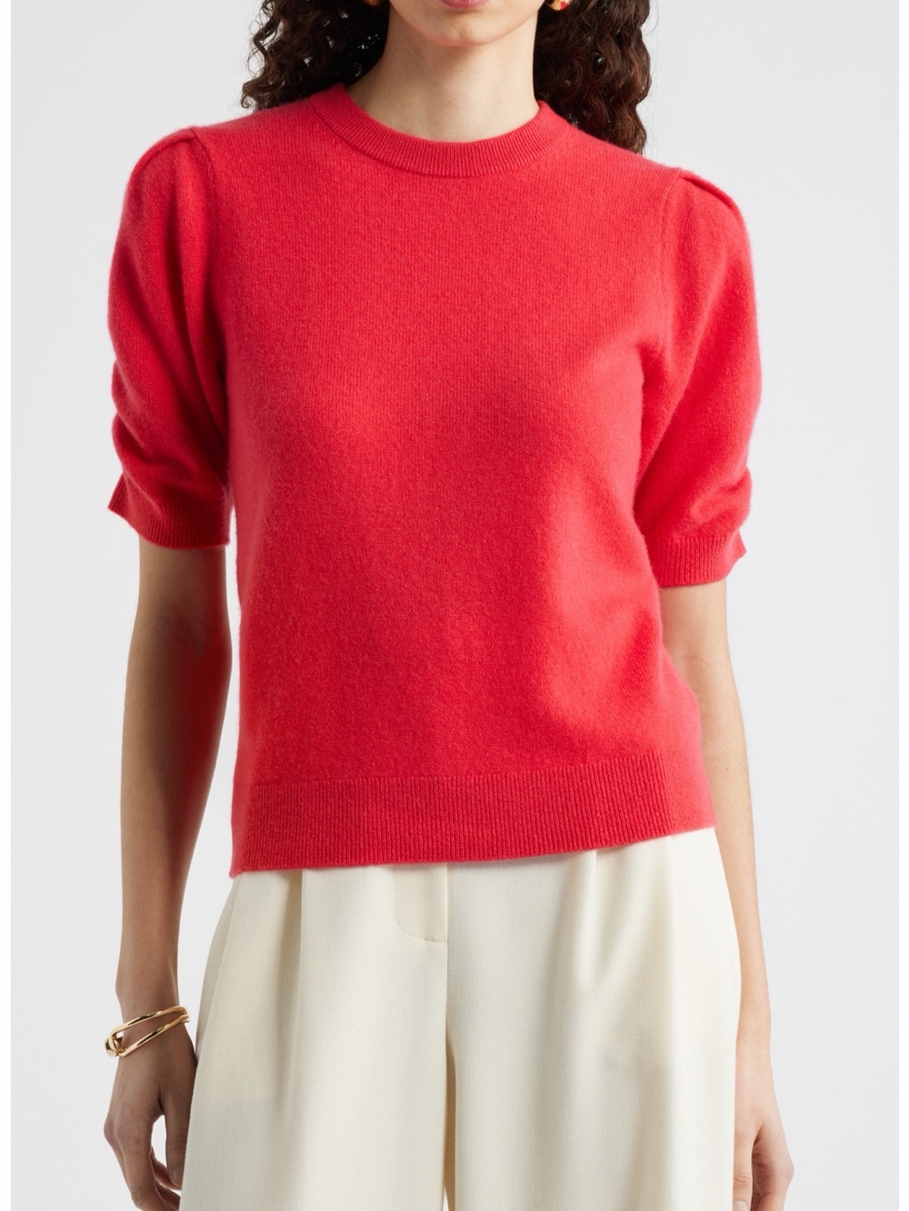 Nordstrom 100% Cashmere Ruched Short Sleeve Cherry Red Crewneck Sweater XXL